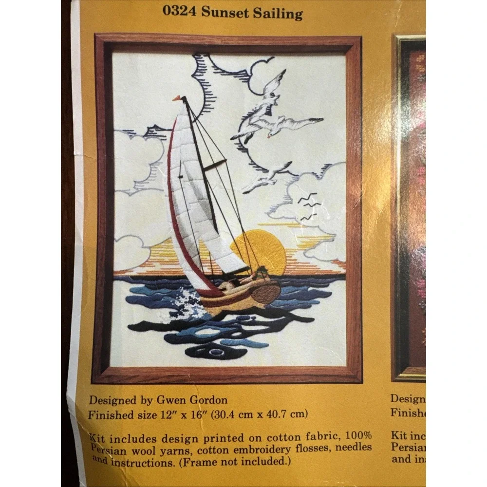 Vintage 80s Needlepint Kit Sailboat Boat Birds Nautical Sunset Creative Circle